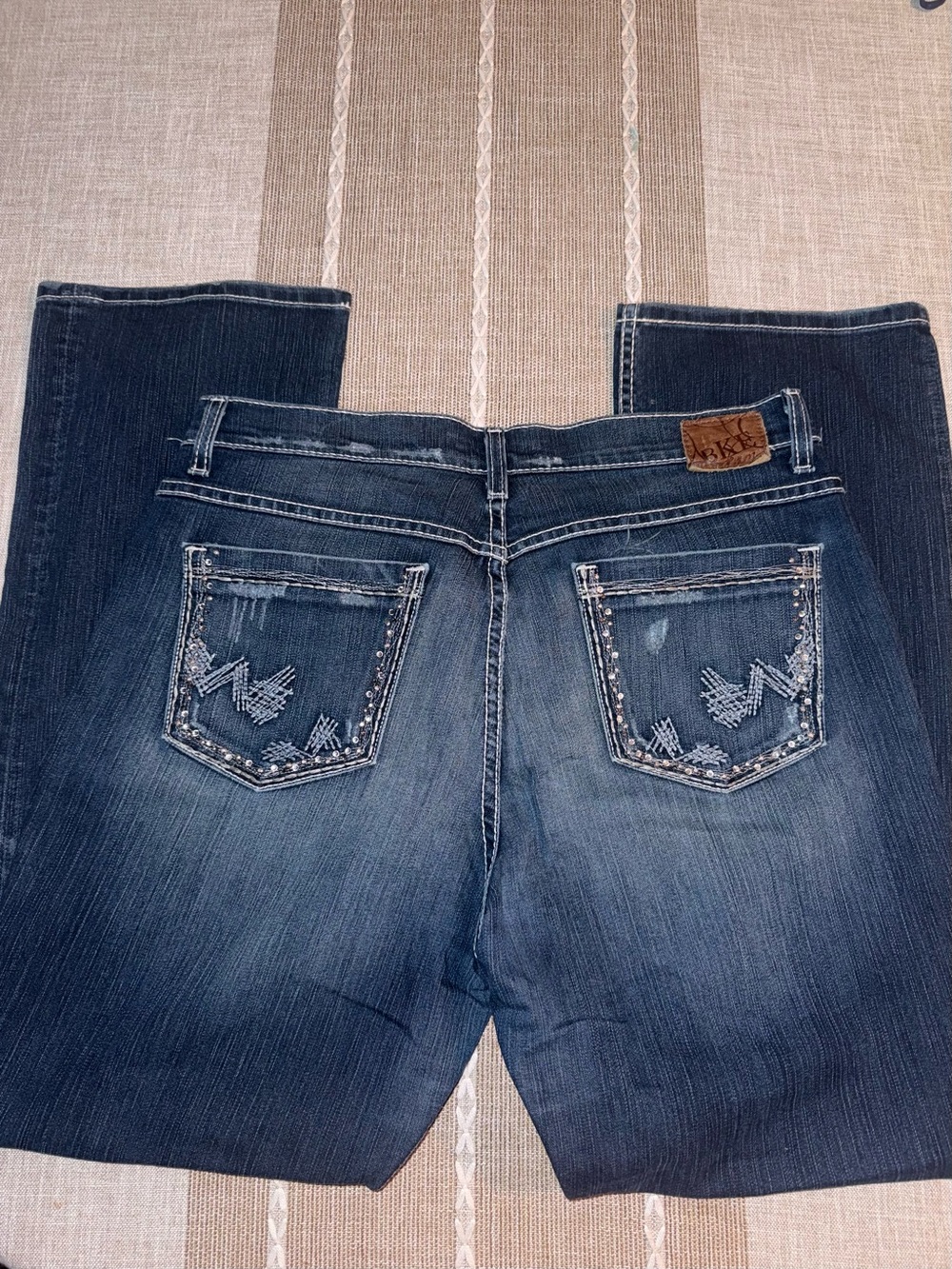 BKE Dark Blue Boot Cut Jeans with Embroidered Pockets- Drew